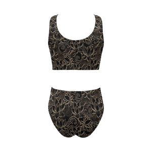 luxurious gold lotus waterlily black background Chest Bowknot High Waisted Bikini Swimsuit