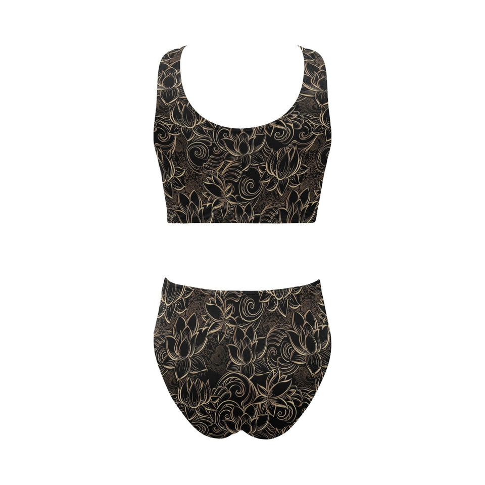 luxurious gold lotus waterlily black background Chest Bowknot High Waisted Bikini Swimsuit
