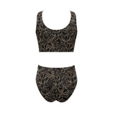 luxurious gold lotus waterlily black background Chest Bowknot High Waisted Bikini Swimsuit