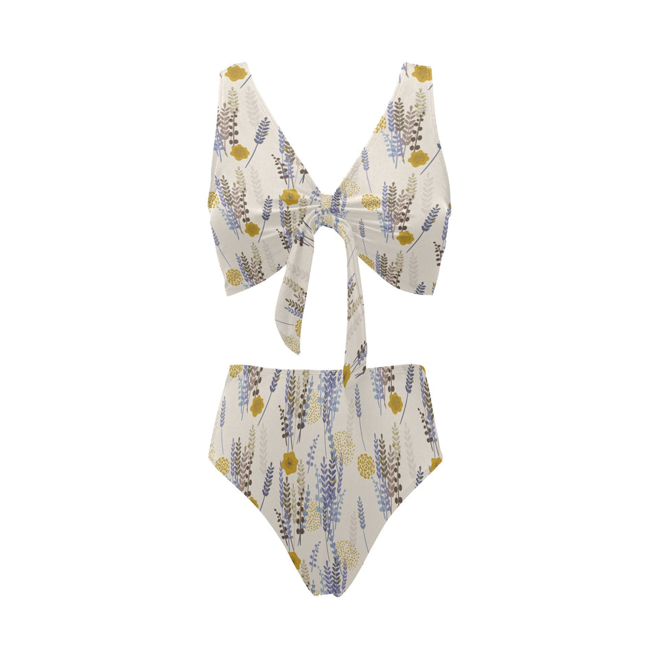 Lavender modern pattern blackground Chest Bowknot High Waisted Bikini Swimsuit