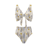 Lavender modern pattern blackground Chest Bowknot High Waisted Bikini Swimsuit