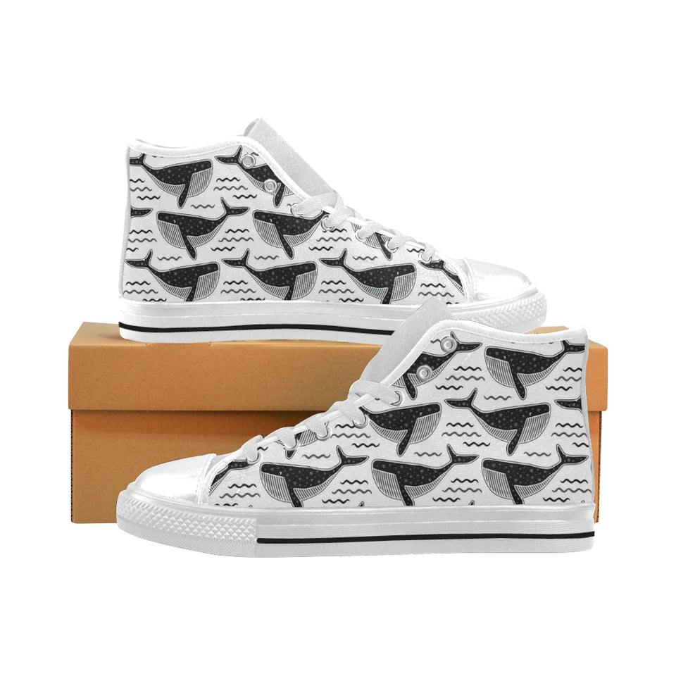 Black whale pattern Men's High Top Canvas Shoes White