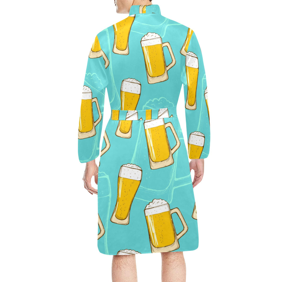 Beer pattern green background Men's Long Sleeve Belted Night Robe