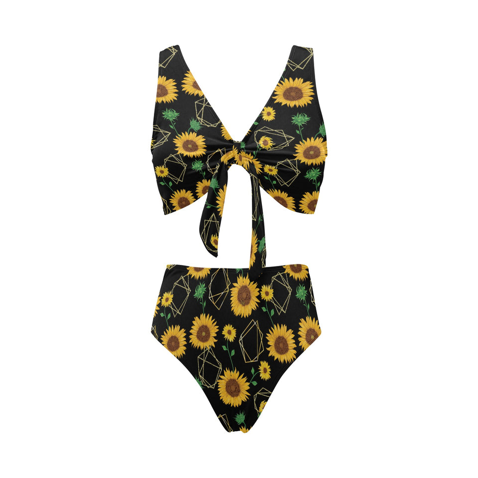 sunflower golden polygonal shapes Chest Bowknot High Waisted Bikini Swimsuit