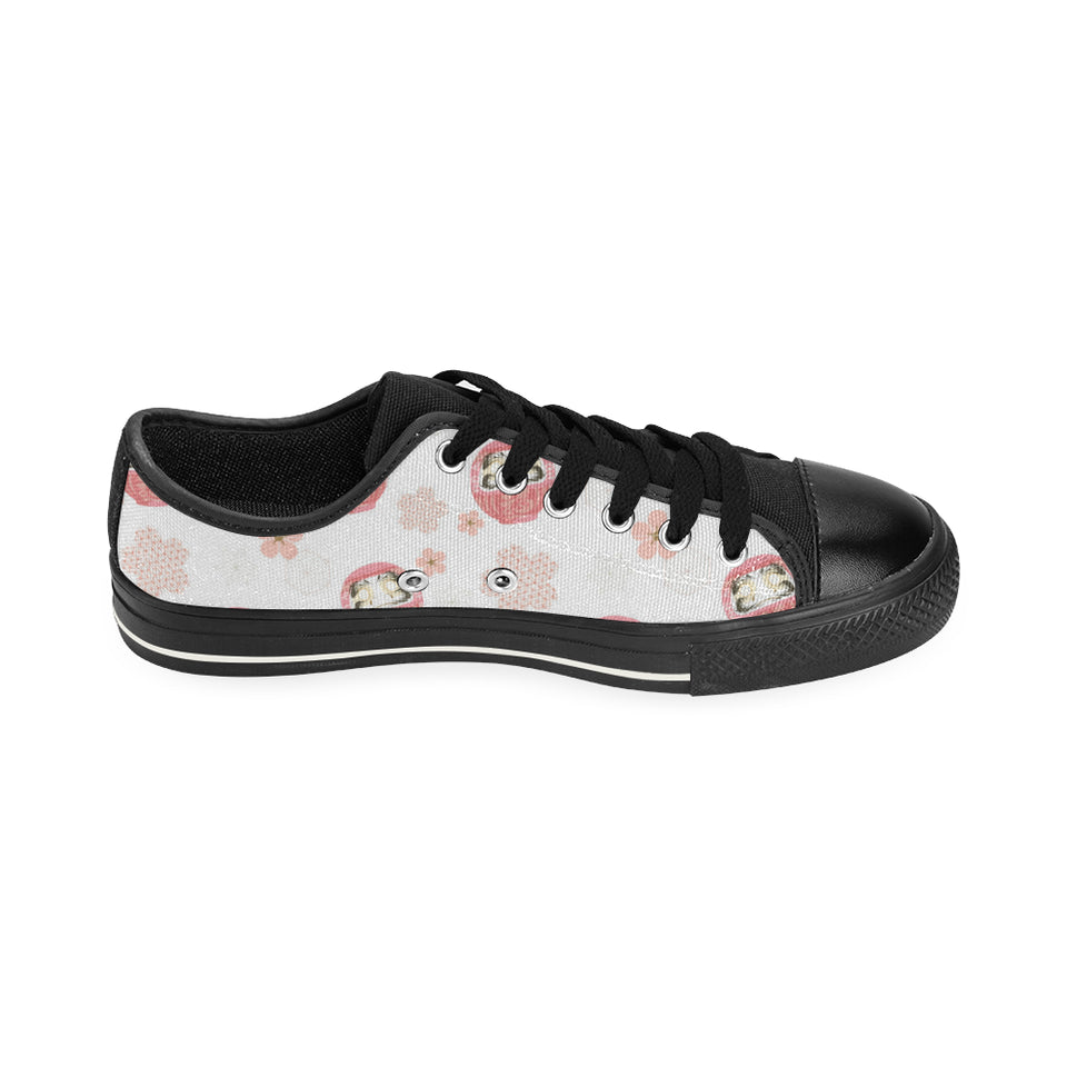 Daruma japanese wooden doll cherry blossom flower Men's Low Top Canvas Shoes Black