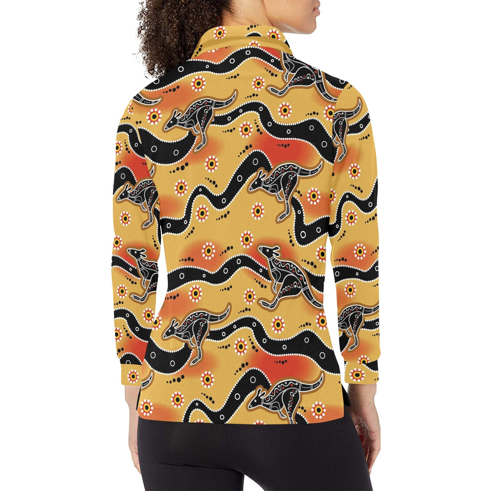 Kangaroo Australian aboriginal art pattern Women's Long Sleeve Polo Shirt