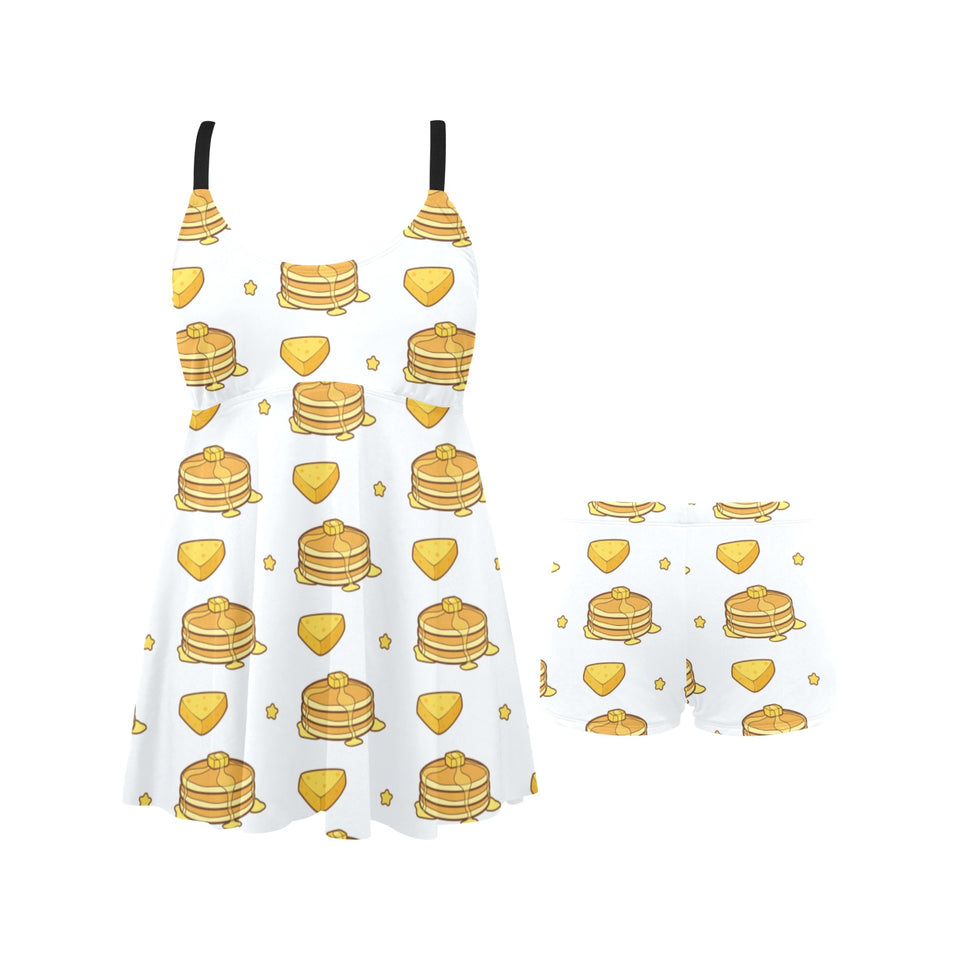 Pancake Pattern Print Design 03 Chest Sexy Pleated Two Piece Swim Dress