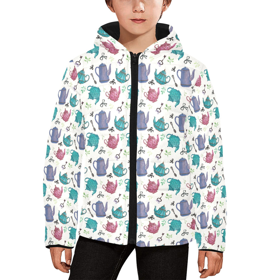 Tea pots Pattern Print Design 05 Kids' Boys' Girls' Padded Hooded Jacket