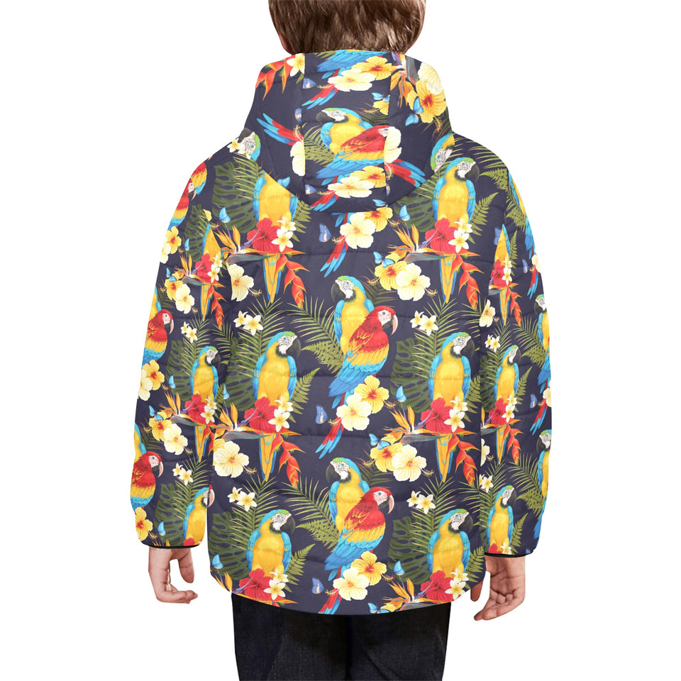Colorful parrot flower pattern Kids' Boys' Girls' Padded Hooded Jacket
