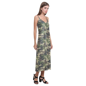 Dark Green camouflage pattern V-Neck Open Fork Long Dress