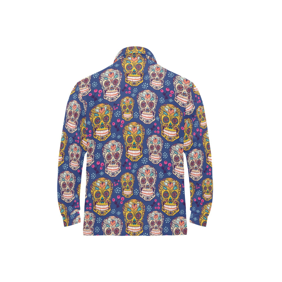 Sugar skull flower pattern Men's Long Sleeve Polo Shirt