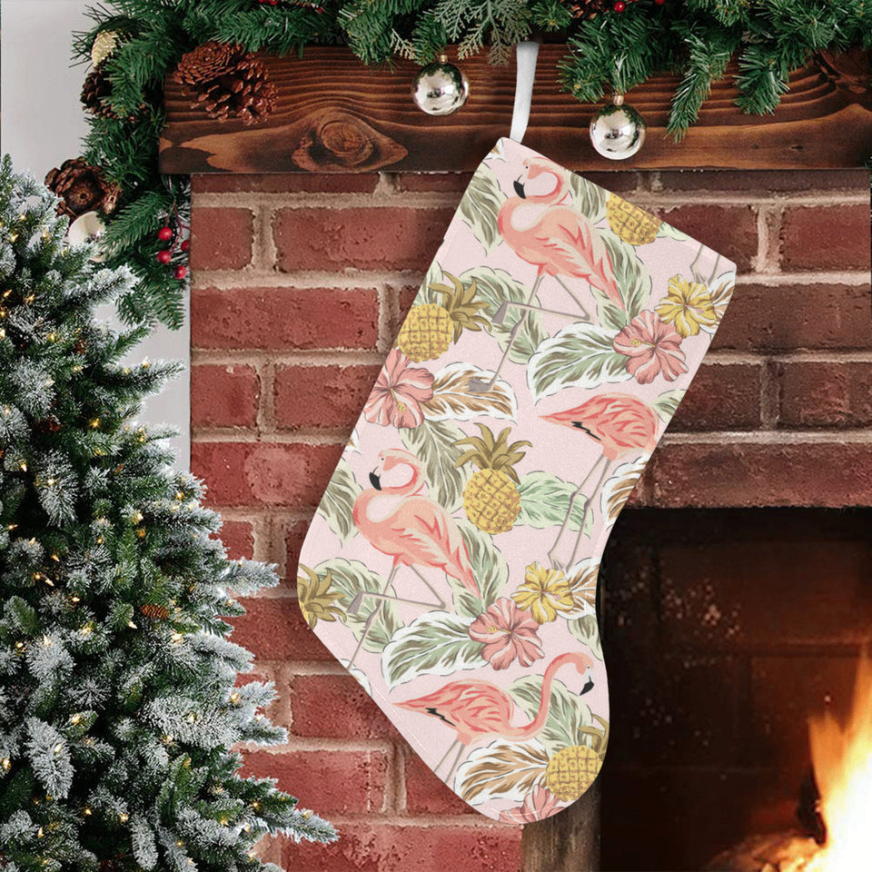 Pink flamingo birds pineapples hibiscus flower pat Christmas Stocking