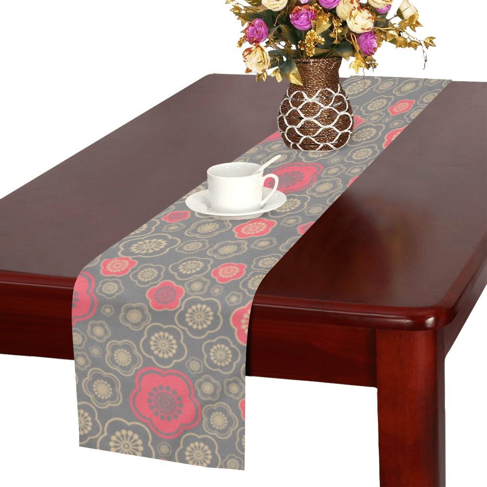 Red gold Sakura cherry blossom gray background Table Runner