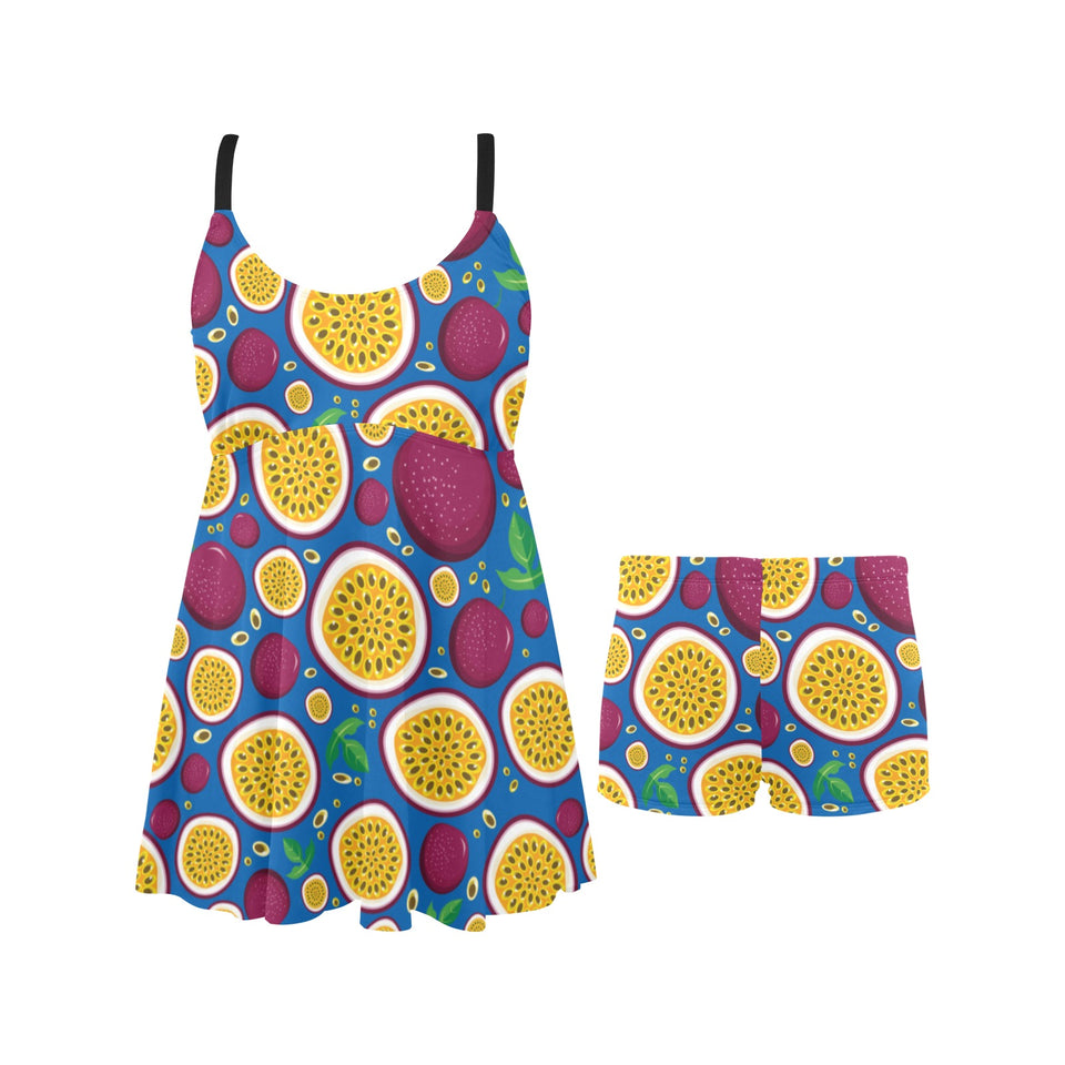 Passion fruit blue background Chest Sexy Pleated Two Piece Swim Dress