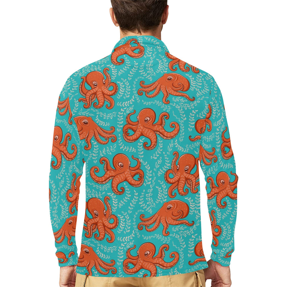 Octopus turquoise background Men's Long Sleeve Polo Shirt