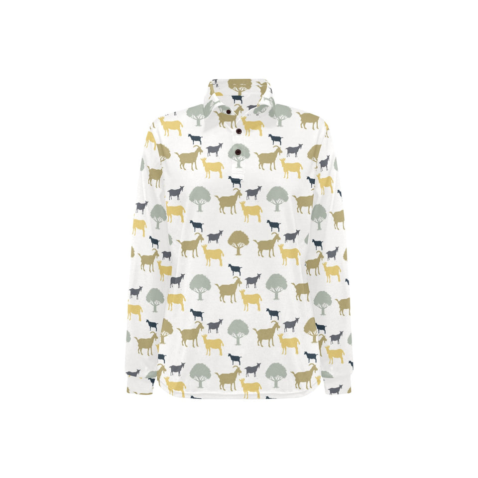 Silhouettes of goat and tree pattern Women's Long Sleeve Polo Shirt
