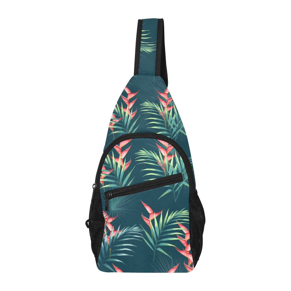 heliconia flowers, palm and monstera leaves on bla All Over Print Chest Bag