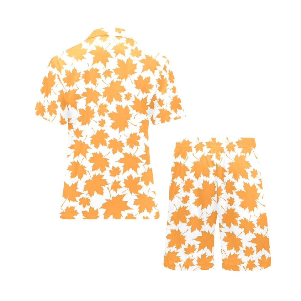 Orange Maple Leaf pattern Men's V-Neck Short Pajama Set