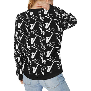 Saxophone music notes treble clef black white them Women's Crew Neck Sweatshirt