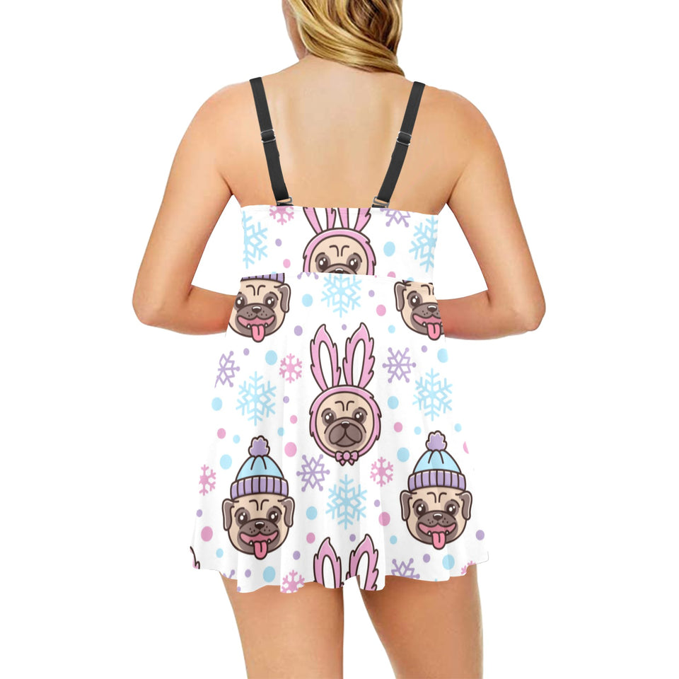 Cute pug hat rabbit costume pattern Chest Sexy Pleated Two Piece Swim Dress