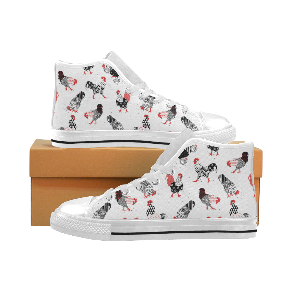 Cool rooster chicken cock floral ornament backgrou Men's High Top Canvas Shoes White