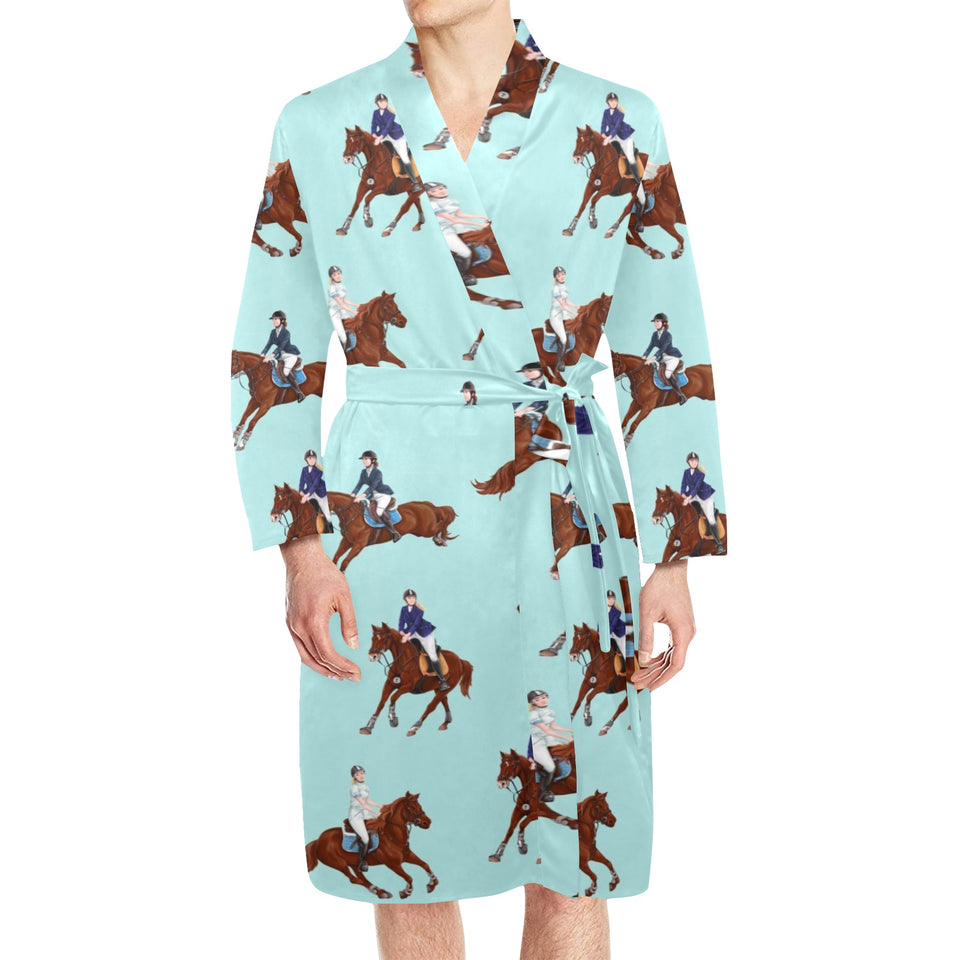 Horses running horses rider pattern Men's Long Sleeve Belted Night Robe