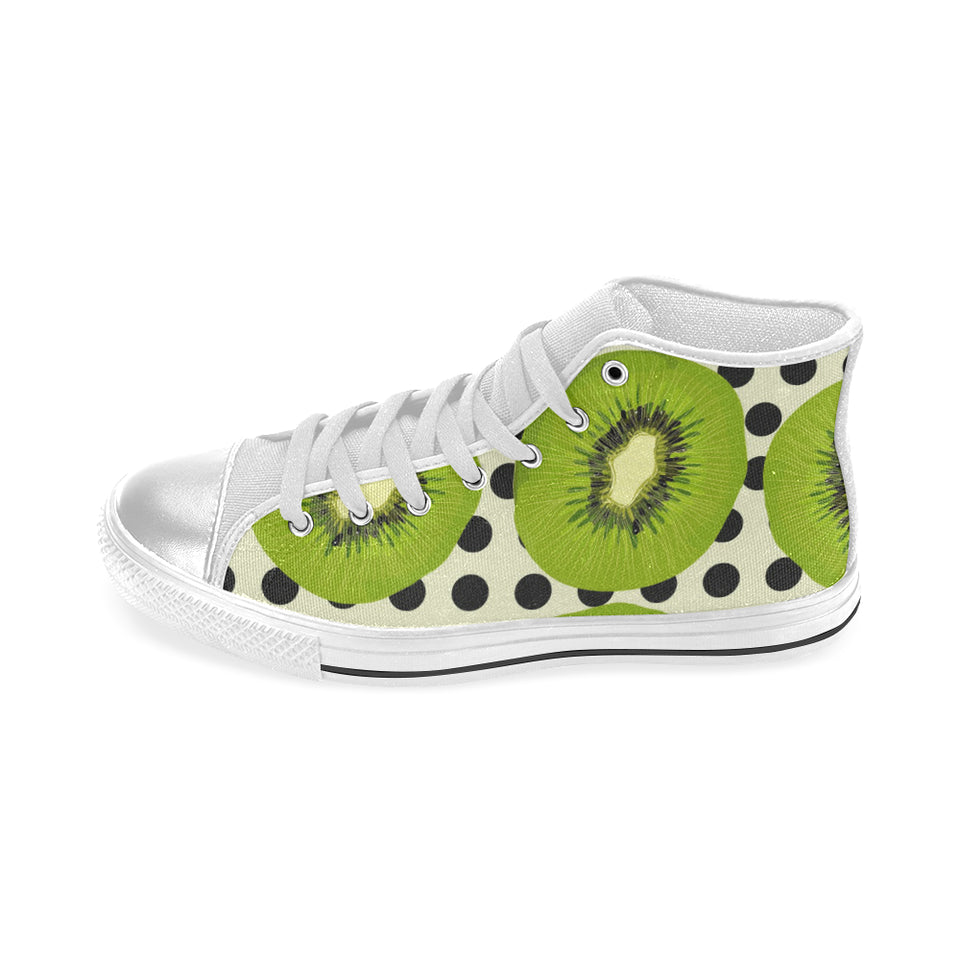 kiwi black dot background Women's High Top Canvas Shoes White