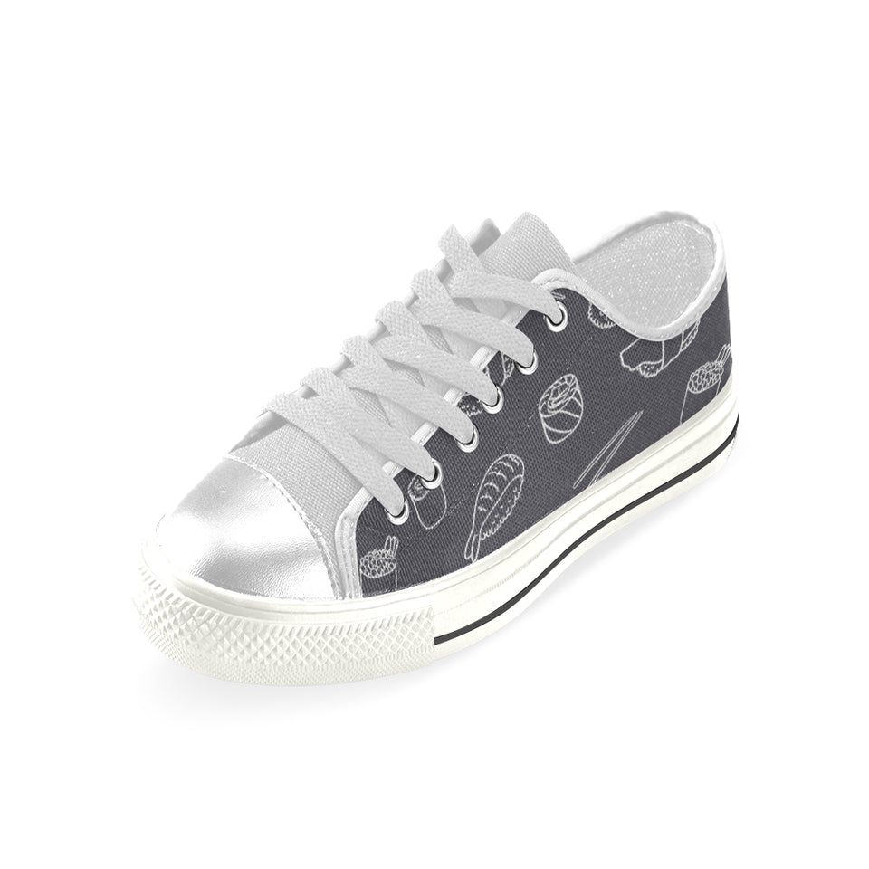 sushi pattern black background Women's Low Top Canvas Shoes White