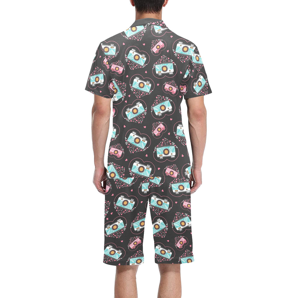 Camera Pattern Print Design 04 Men's V-Neck Short Pajama Set