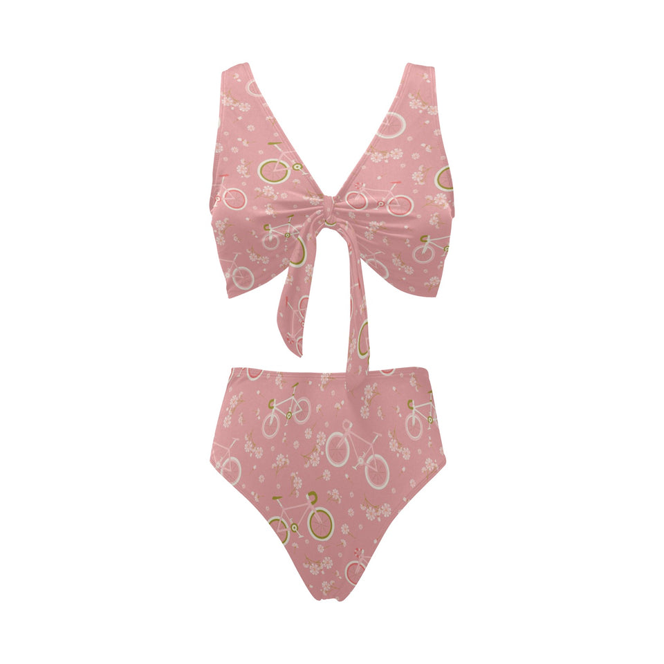 Bicycle Pattern Print Design 02 Chest Bowknot High Waisted Bikini Swimsuit