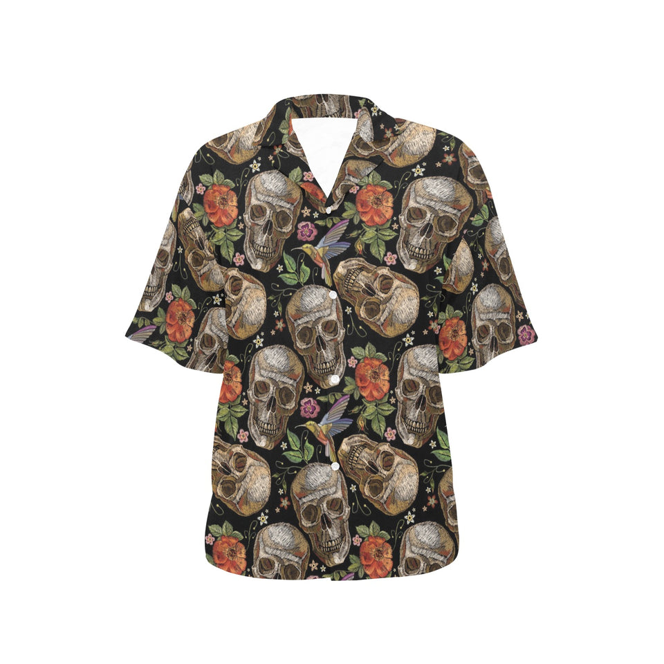 Skull rose humming bird flower pattern Women's All Over Print Hawaiian Shirt
