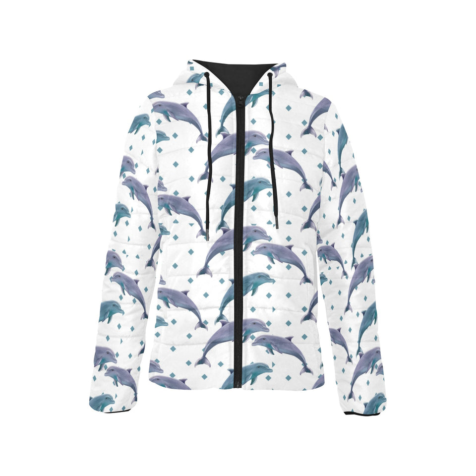 Dolphins pattern dotted background Women's Padded Hooded Jacket