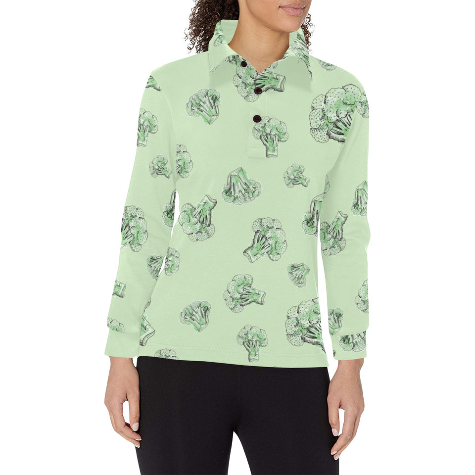 broccoli sketch pattern Women's Long Sleeve Polo Shirt