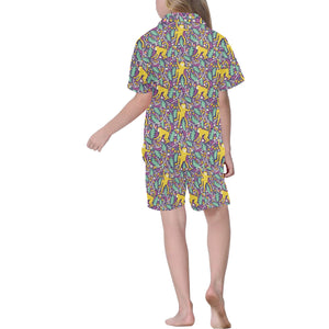 Cute yellow monkey leaves pattern Kids' Boys' Girls' V-Neck Short Pajama Set