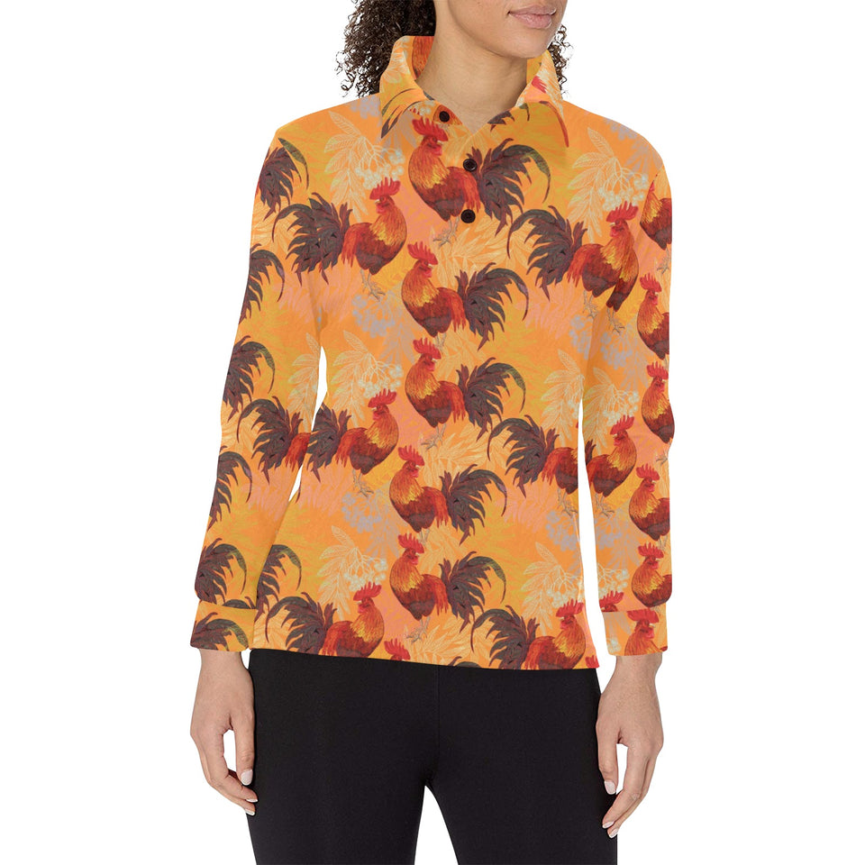 red rooster chicken cock pattern Women's Long Sleeve Polo Shirt
