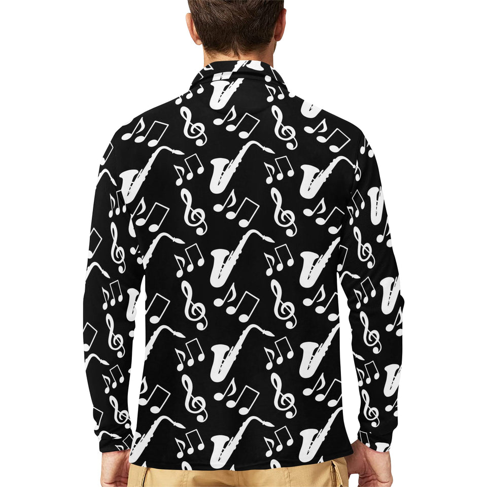 Saxophone music notes treble clef black white them Men's Long Sleeve Polo Shirt
