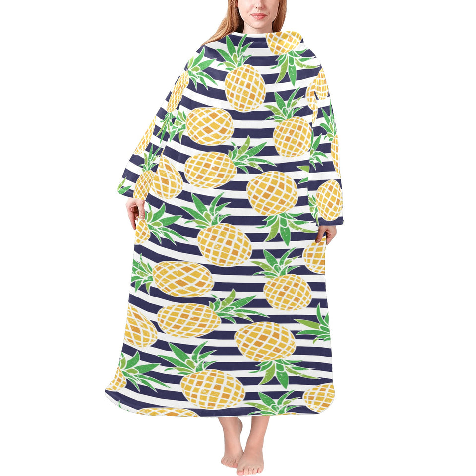 Pineapples pattern striped background Blanket Robe with Sleeves