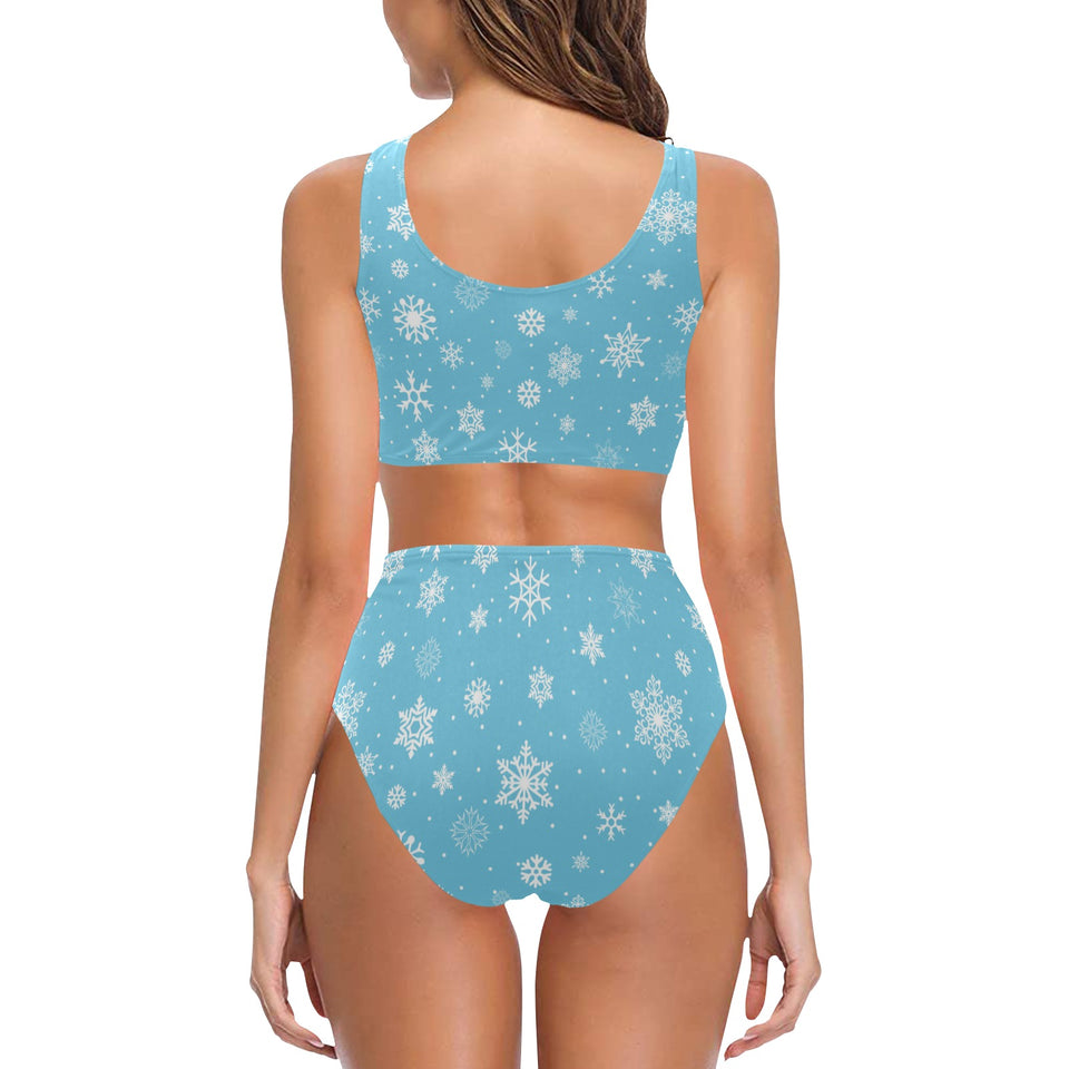 Snowflake pattern blue background Chest Bowknot High Waisted Bikini Swimsuit