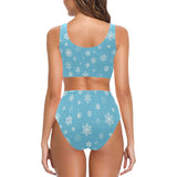 Snowflake pattern blue background Chest Bowknot High Waisted Bikini Swimsuit