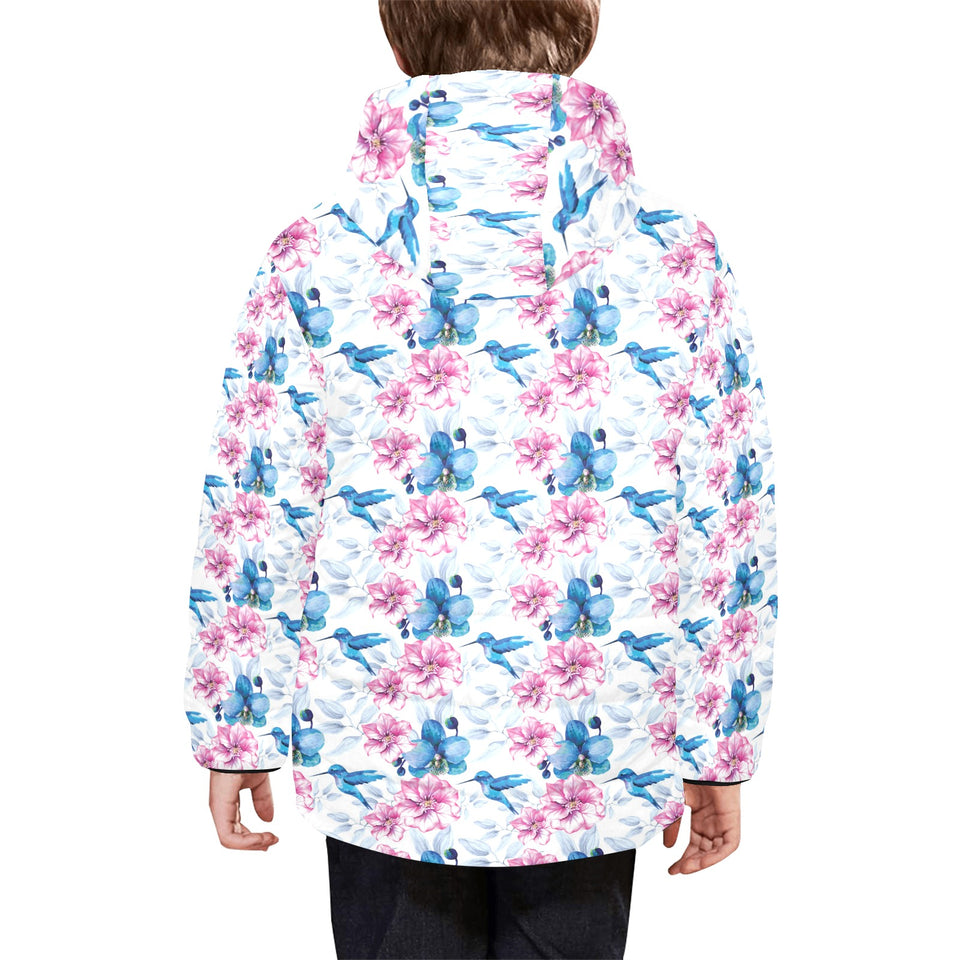 Hummingbird Pattern Print Design 02 Kids' Boys' Girls' Padded Hooded Jacket