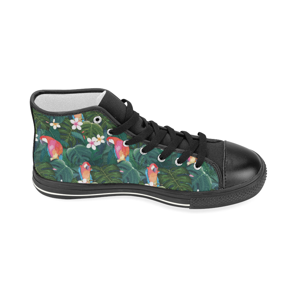 Parrot Palm tree leaves flower hibiscus pattern Women's High Top Canvas Shoes Black