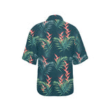heliconia flowers, palm and monstera leaves on bla Women's All Over Print Hawaiian Shirt