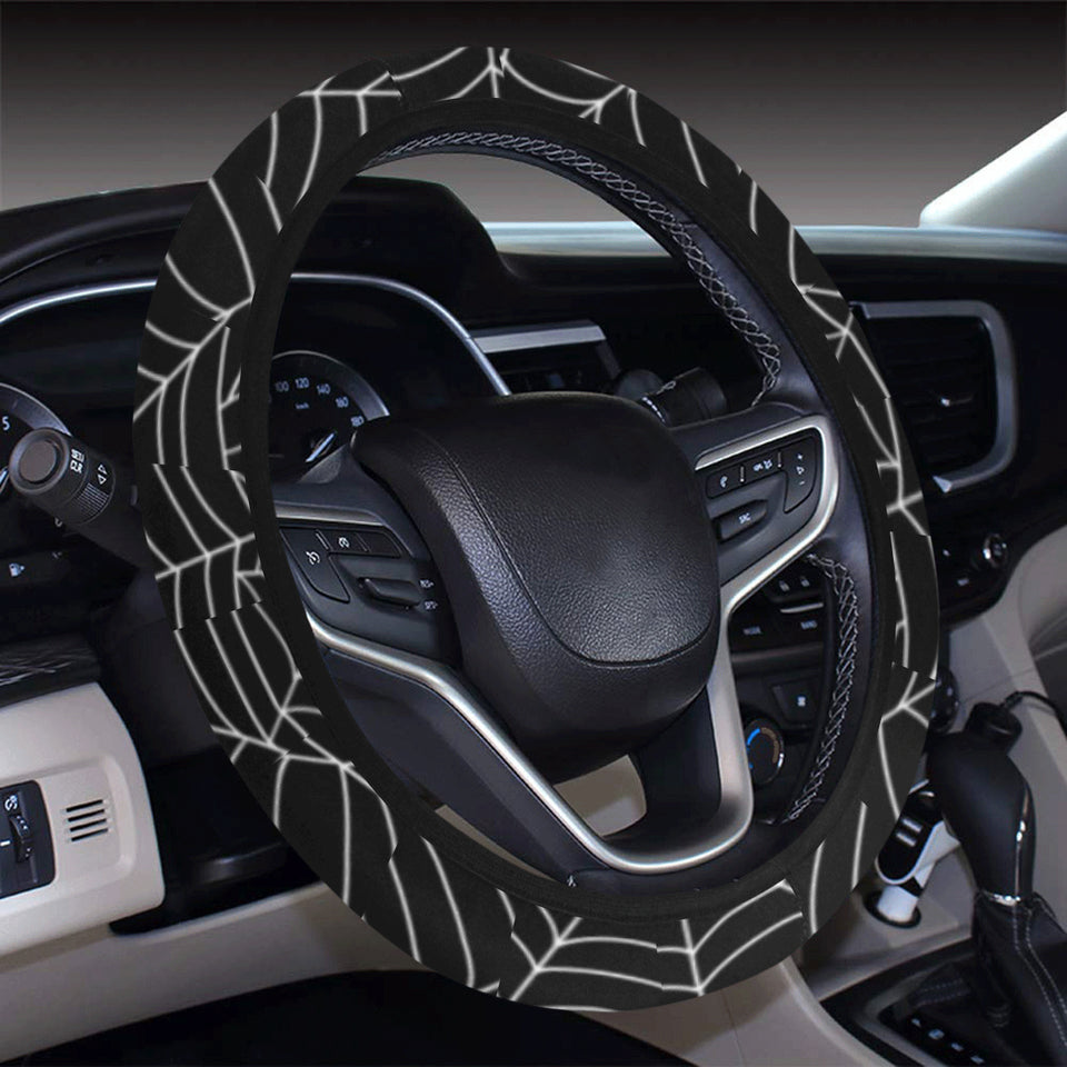 Spider web design pattern Black background white c Car Steering Wheel Cover