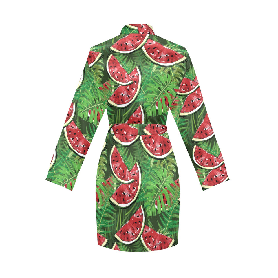 Watermelons tropical palm leaves pattern backgroun Women's Long Sleeve Belted Night Robe