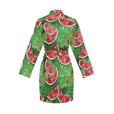Watermelons tropical palm leaves pattern backgroun Women's Long Sleeve Belted Night Robe