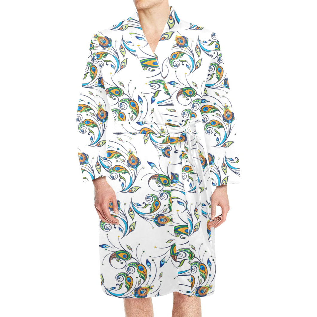 Peacock feather pattern Men's Long Sleeve Belted Night Robe