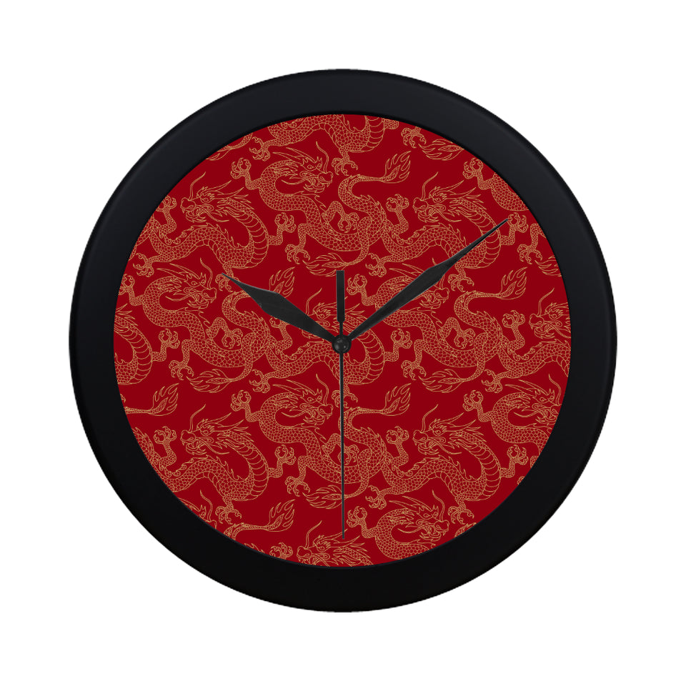 Gold dragons red background Elegant Black Wall Clock