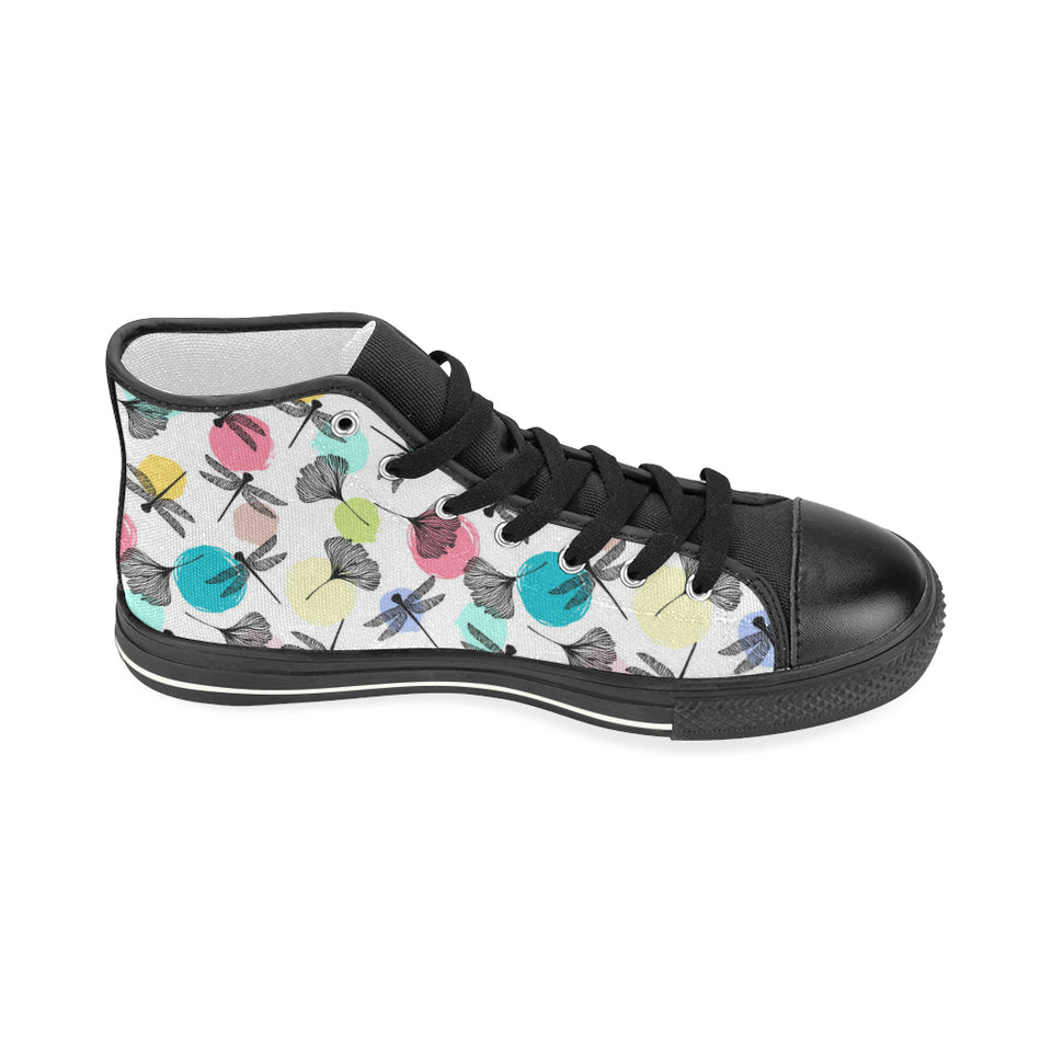 Dragonflies ginkgo leaves pattern Women's High Top Canvas Shoes Black