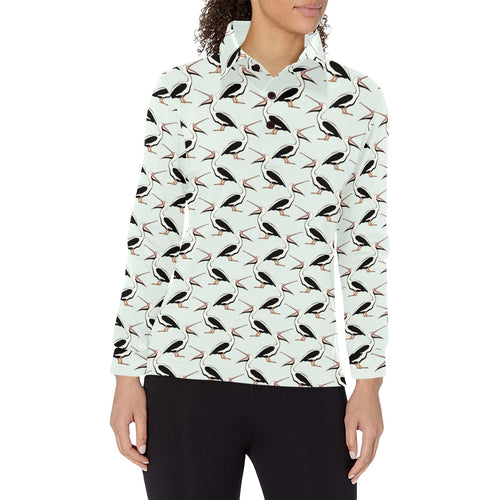 Pelican Pattern Print Design 02 Women's Long Sleeve Polo Shirt