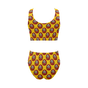 Daruma japanese wooden doll yellow background Chest Bowknot High Waisted Bikini Swimsuit